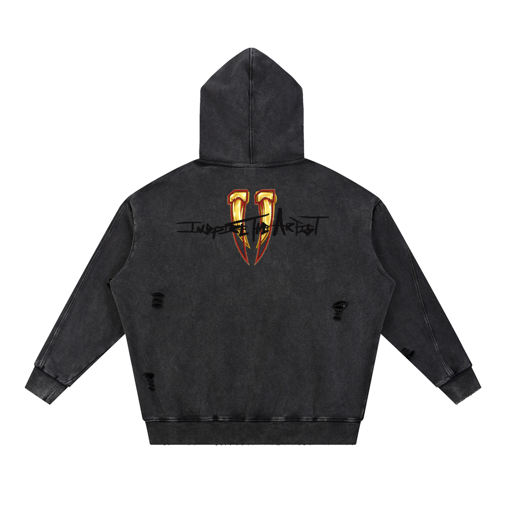 Snow Washed Distressed Panel Pocket Hoodie